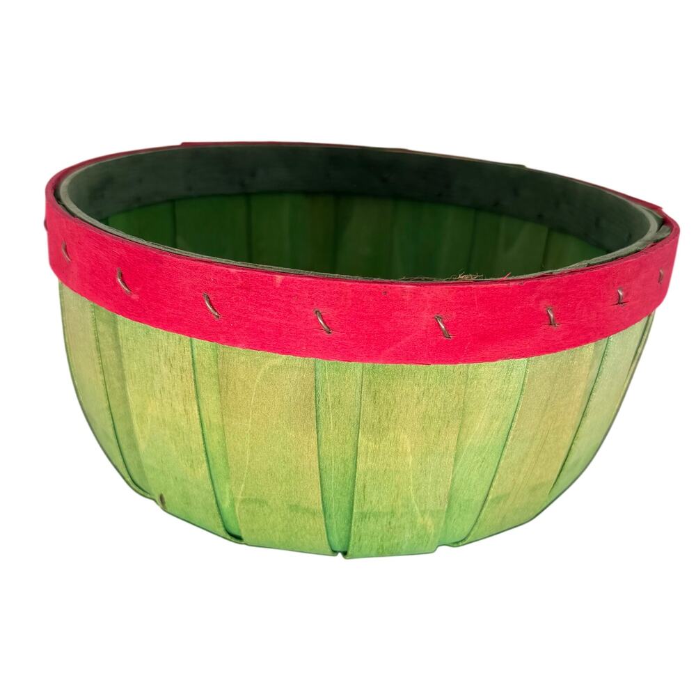 8" Round Watermelon Fruit Basket Woven Wood Slat Red Green Farmhouse Picnic Bowl